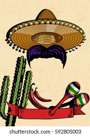 Vector illustration of sombrero hat and black moustaches surrounded with different Mexican objects: maracas, chili pepper and cactus on vintage paper background. Red ribbon with place for text.