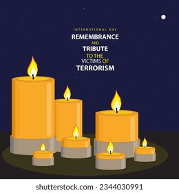 Vector illustration some candle flame and stand with text isolated on night background for commemorate and celebrate International Day Remembrance and Tribute to the Victims of Terrorism on august 21