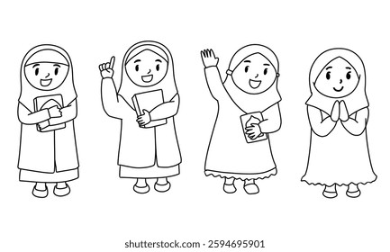 vector illustration of some cartoon Muslim girls black line style suitable for Muslim theme, coloring pages
