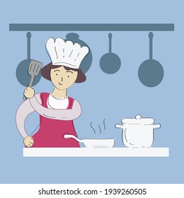 Vektorgrafik eines Mädchens in der Küche. Wie Sie einladen, zusammen mit ihrem Kochen zu kochen 