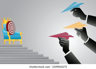 Vector illustration of some hands holding paper plane aiming dartboard target on throne