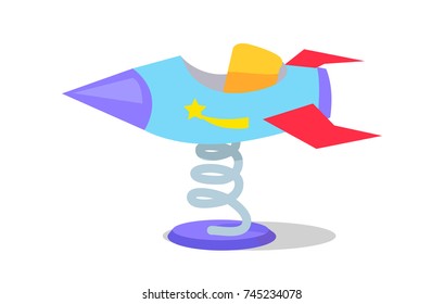 Vector illustration of some kind of carousel on spring in form of rocket with sharp nose and falling star at side isolated on white background.