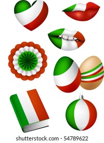 Vector illustration of some patriotic elements, italian flag color: lips, christmas bowl, easter egg, book, bunting, heart