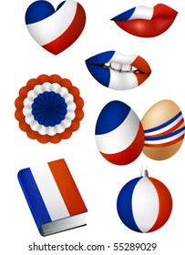 Vector illustration of some patriotic elements, french flag color: lips, christmas bowl, easter egg, book, bunting, heart