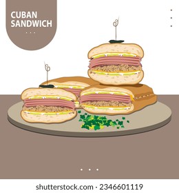 Ilustración vectorial algunas lonchas de pan de sándwich llenas de delicioso jamón, queso, cerdo y mostaza, rodajas de verduras en el podio y texto aislado en el fondo abstracto. Adecuado para cualquier diseño.