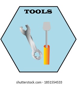 Vector illustration. Some tools for building, repairing on a blue background. Poster, banner, brochures, websites, online tools shops. 