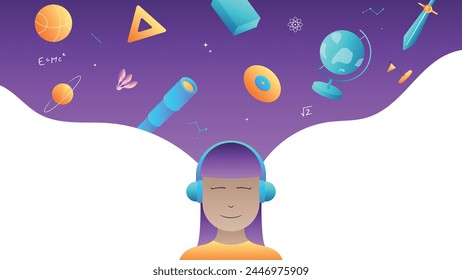 vector illustration of someone listening to music with thoughts coming out