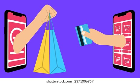 vector illustration of someone shopping online via cellphone and paying with a credit card