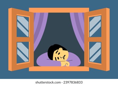 vector illustration of someone who is sad and folds his arms at the window