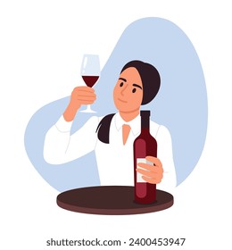 Vector illustration of a sommelier holding a glass of red wine. Cartoon scene with a girl at a round table with a bottle of wine, holding a glass of wine isolated on a white background. Wine tasting.