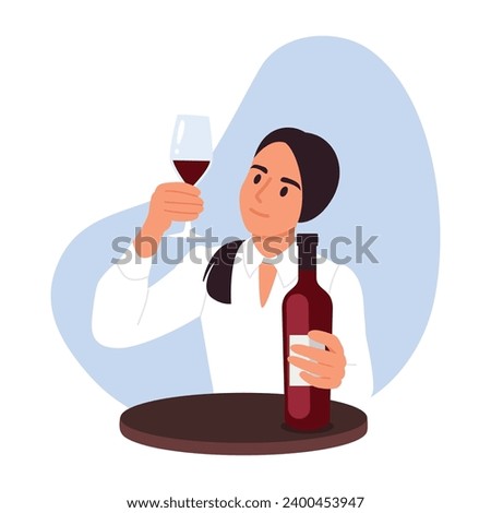 Vector illustration of a sommelier holding a glass of red wine. Cartoon scene with a girl at a round table with a bottle of wine, holding a glass of wine isolated on a white background. Wine tasting.