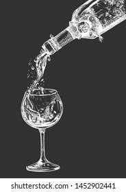 Vector illustration of sommelier restaurant serving process. Red wine pouring in glass from the bottle and splashes of alcohol drink. On black board chalk hand drawing