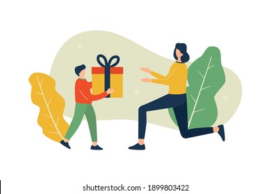 Vector illustration, son giving a gift to his mother concept, happy mother’s day