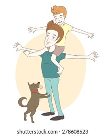 Vector illustration  Son on his father's shoulders with their dog. Hand drawn style