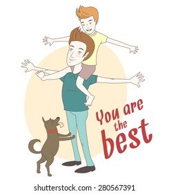 Vector illustration Son on his father's shoulders with their dog. Hand drawn style greeting card for father's day