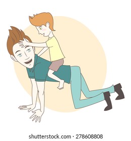 Vector illustration  Son riding on his father's back. Hand drawn style