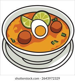 Vector illustration of sop saudara – traditional indonesian beef soup with egg and lime