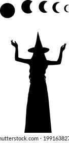 Vector illustration of a sorceress, magical symbols, mystical moon phases.