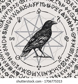 Vector illustration with a sorcery Crow or wise black Raven in vintage style. Hand-drawn banner with an octagonal star, magic runes, occult signs and symbols written in a circle