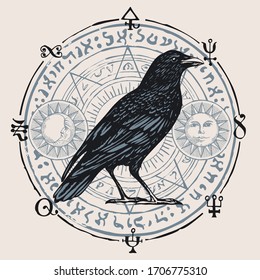 Vector illustration with a sorcery Raven on the background of an octagonal star with magic runes, occult symbols, sun, moon. Banner on the witchcraft theme with a wise black Crow in vintage style