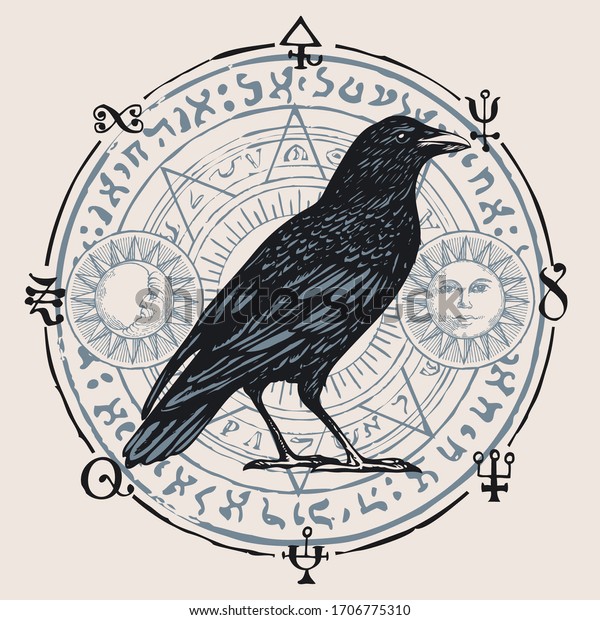 Vector illustration with a sorcery Raven on the
background of an octagonal star with magic runes, occult symbols,
sun, moon. Banner on the witchcraft theme with a wise black Crow in
vintage style