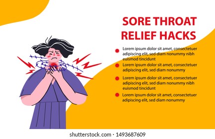 Vector illustration. Sore throat, girl character holds hands at the throat. Creative image.