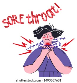 Vector illustration. Sore throat, girl character holds hands at the throat. Creative image.