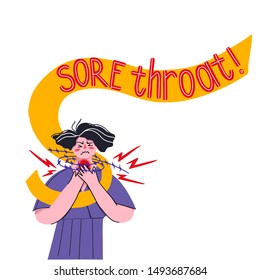 Vector illustration. Sore throat, girl character holds hands at the throat. Creative image.