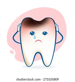 Vector illustration of sorrowful aching tooth character.