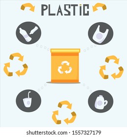 Vector illustration of sorting plastic waste, yellow tank lettering.