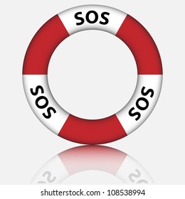 Vector illustration of SOS circle. Red and white six segments. Reflexion under object