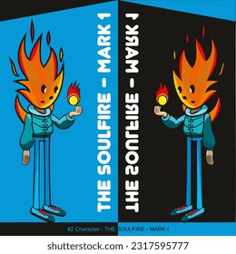 Vector illustration of soul fire characters with fireball on his hands cyan jacket and blue pants in black and blue background. Suitable for T-shirts and poster design.