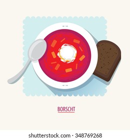 Vector illustration of soup Borscht top view. Food illustration. Stylized icon