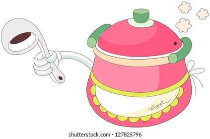 A vector illustration of soup pot with ladle