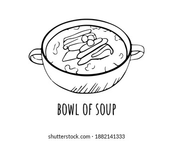 Vector illustration with soup tarilka. Sketch hand drawn picture on a white background with a signature. Soup in a round plate with vegetables and meat. Miso soup, chowder, liquid food.