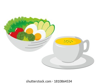 Vector illustration of soup and vegetable salad topped with egg