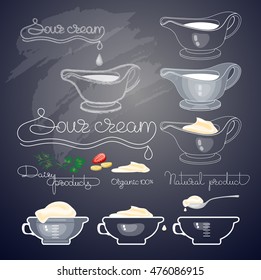 Vector illustration with sour cream, handwritten words, spoons, jug and glass bowl  on black background. Sauce dish (boat) with cream.