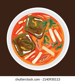 Ilustración vectorial Curry amargo con tortilla vegetal colocada en un tazón sobre fondo marrón.