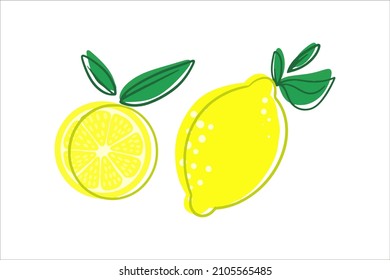 Vector illustration of sour juicy lemon. Whole lemon and lemon wedge. with green leaves 