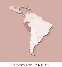 Ilustración vectorial con Sudamérica, territorio fronterizo con estados y marcado país Perú. Mapa político en colores marrones con regiones. Fondo beige