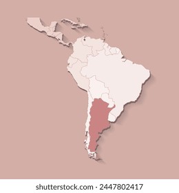 Ilustración vectorial con Sudamérica, territorio fronterizo de estados y marcado país Argentina. Mapa político en colores marrones con regiones. Fondo beige