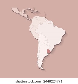 Vector illustration with South America land with borders of states and marked country Uruguay. Political map in brown colors with regions. Beige background