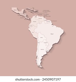 Vector illustration with South America land with borders of countries and names of states. Political map in brown colors with regions. Beige background