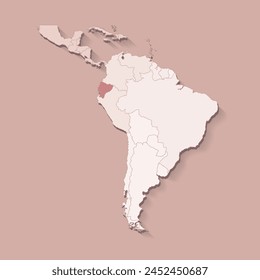 Vector illustration with South America land with borders of states and marked country Ecuador. Political map in brown colors with regions. Beige background