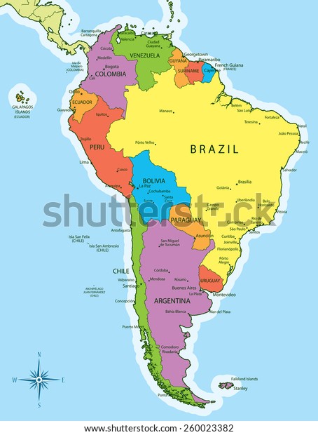 南米の地図と異なる色の国のベクターイラスト 各国には首都と主要都市がある 使用するグローバルカラー のベクター画像素材 ロイヤリティフリー