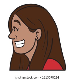 Vector illustration of a South American woman in profile with brown hair and brown skin who laughs happily and shows her teeth.  Avatar, emotions, being happy, red top.