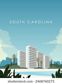 Vector illustration. South Carolina USA. Design for wall poster, banner, postcard, cover. Vertical banner. Modern design. Street, beach, hotels. Coastline. Summer.