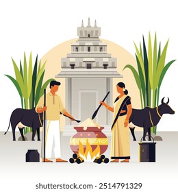 Ilustración vectorial de una pareja del sur de la India celebrando el festival de la cosecha fuera de un templo a lo largo de su producción y ganado y rezando a sus dioses