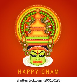 Vector illustration South Indian festival Onam wishes background with Kathakali dancer decorated face.