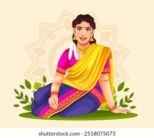 Vector illustration of a South Indian Kerala woman wearing Jewellery and traditional beautiful saree poses for a picture on the occasion of a festival or event